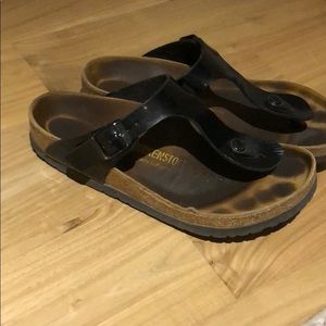 Birkenstock sandals, black patent leather.
